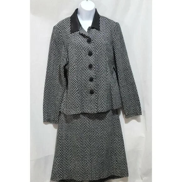 Vintage 90s Skirt Suit Leslie Fay 12 Black Chevron Long Sleeve Faux Leather Trim - Picture 2 of 10